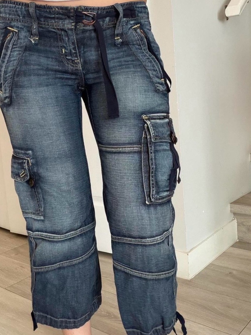 Guess Dark Blue Washed Cargo Jeans with decorative pockets and zippers